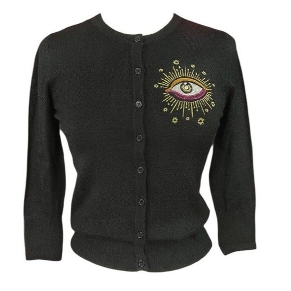 Mischief Made Button Up Cardigan It'll End In Tears Third Eye Pin Up Black L New - Picture 1 of 14